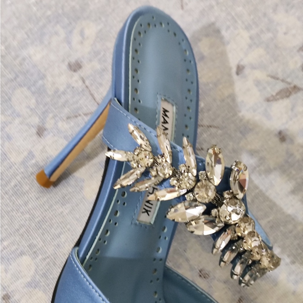 Manolo Blahnik Sky Blue Satin Crystal-Embellished Mule - Picture 12 of 14